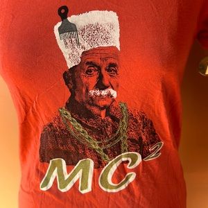 E=MC squared graphic coral t-shirt. Hand silk-screened. Enzyme washed cotton